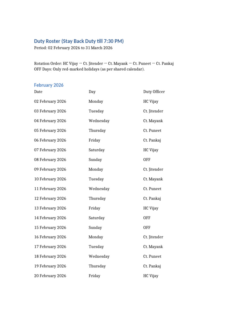 Duty Roster Feb Mar 2026 5 Persons | PDF
