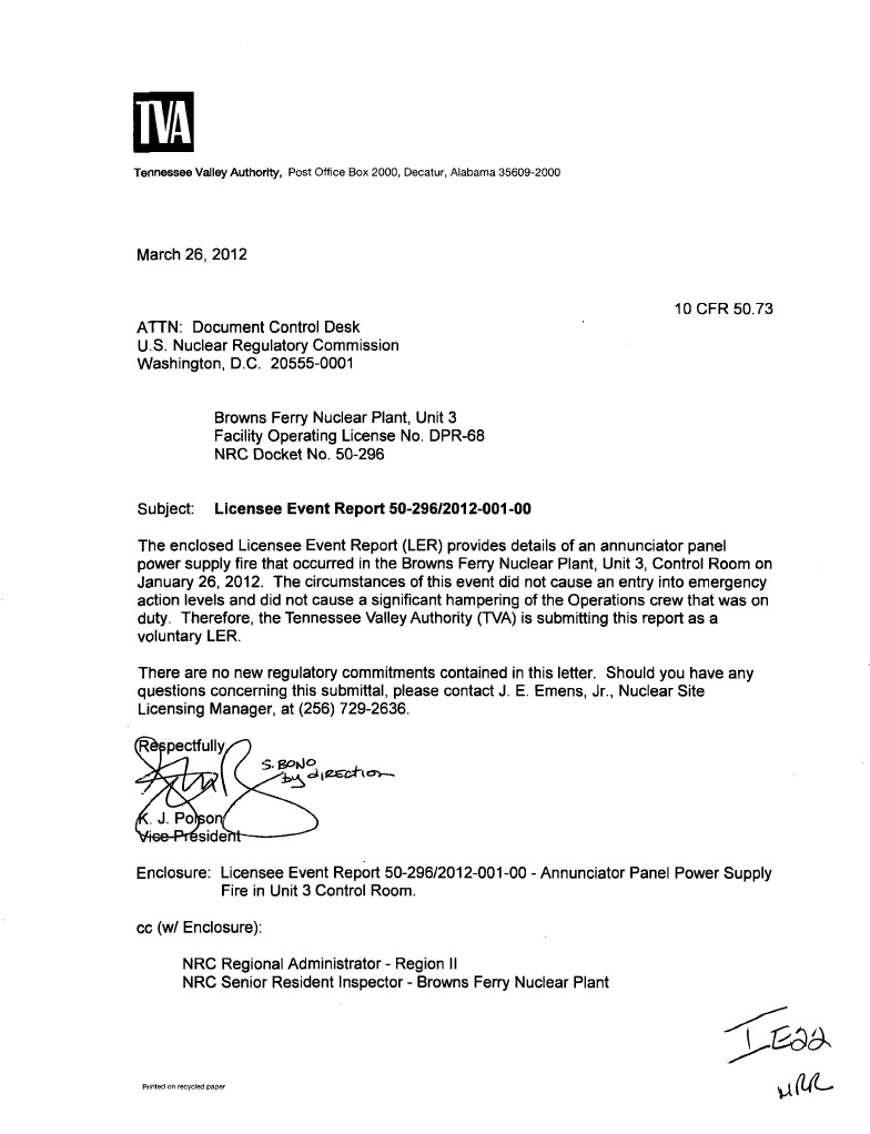 Browns Ferry Unit 3 Fire Report Nuclear Regulatory Commission Capacitor