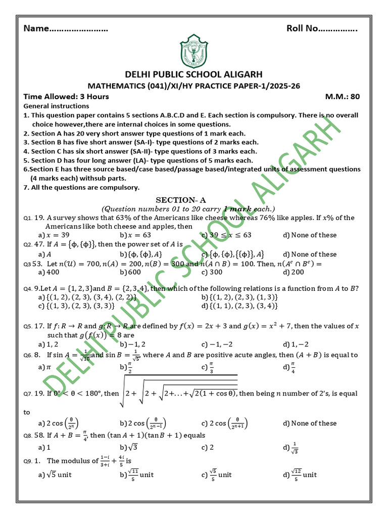 Maths Xi Practice Paper-1 Half Yearly Exam 2025-26 BK | PDF | Numbers ...