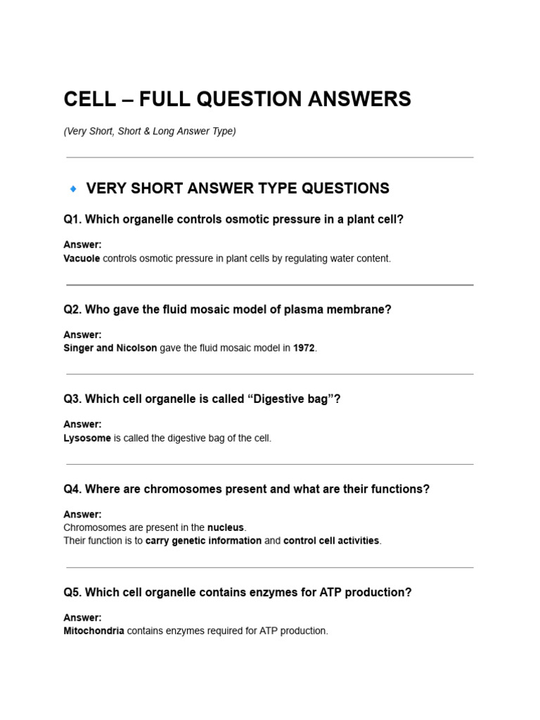 Cell - Full Question Answers | PDF | Cell (Biology) | Tissue (Biology)