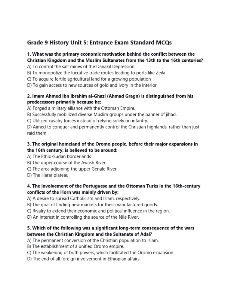 Grade 9 History Unit 5 Weekly Exam | PDF | Horn Of Africa