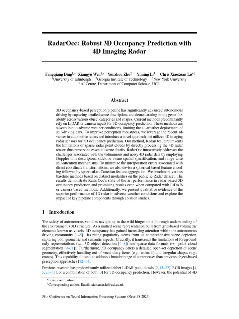 NeurIPS 2024 Radarocc Robust 3d Occupancy Prediction With 4d Imaging ...