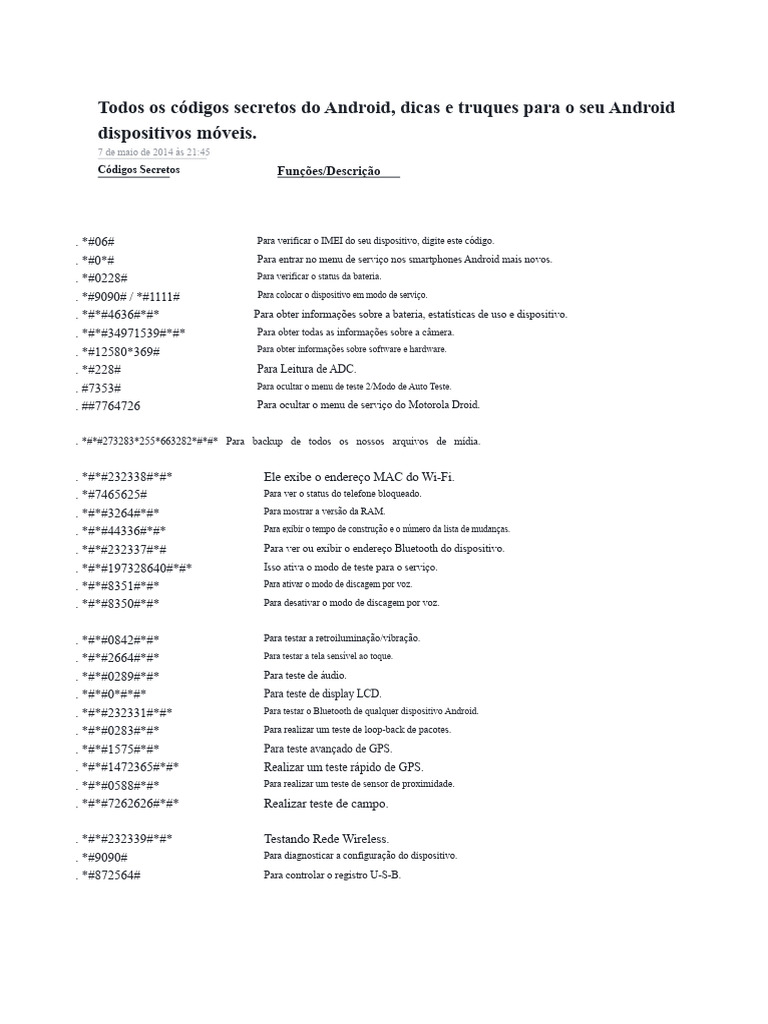 Todos Os Codigos Secretos Do Android | PDF | Android (sistema ...
