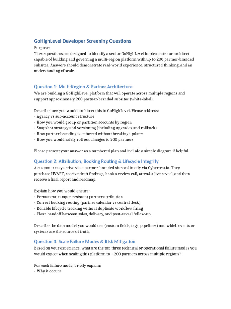 GHL Developer Screening Questions | PDF