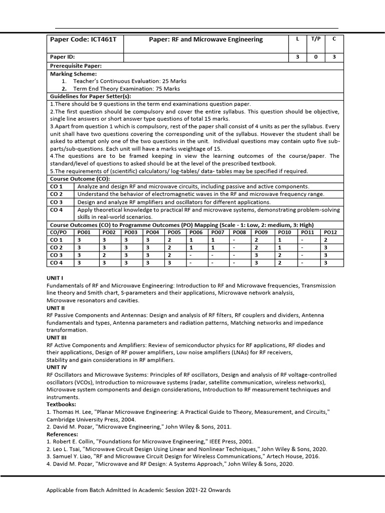 (ICT461) RF and Microwave Engineering (3 + 1) | PDF | Microwave ...