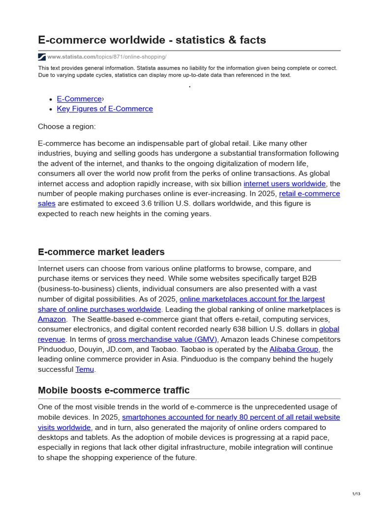 E-Commerce Worldwide - Statistics & Facts | PDF | E Commerce | Online ...