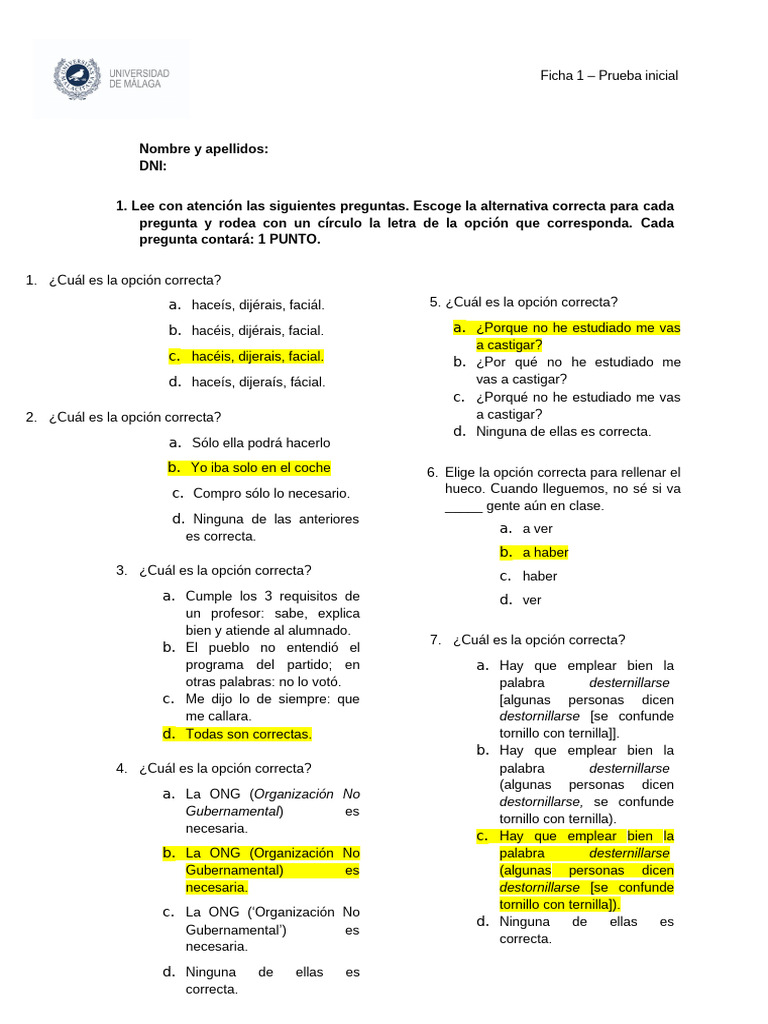 Ficha 1 - Prueba Inicial | PDF