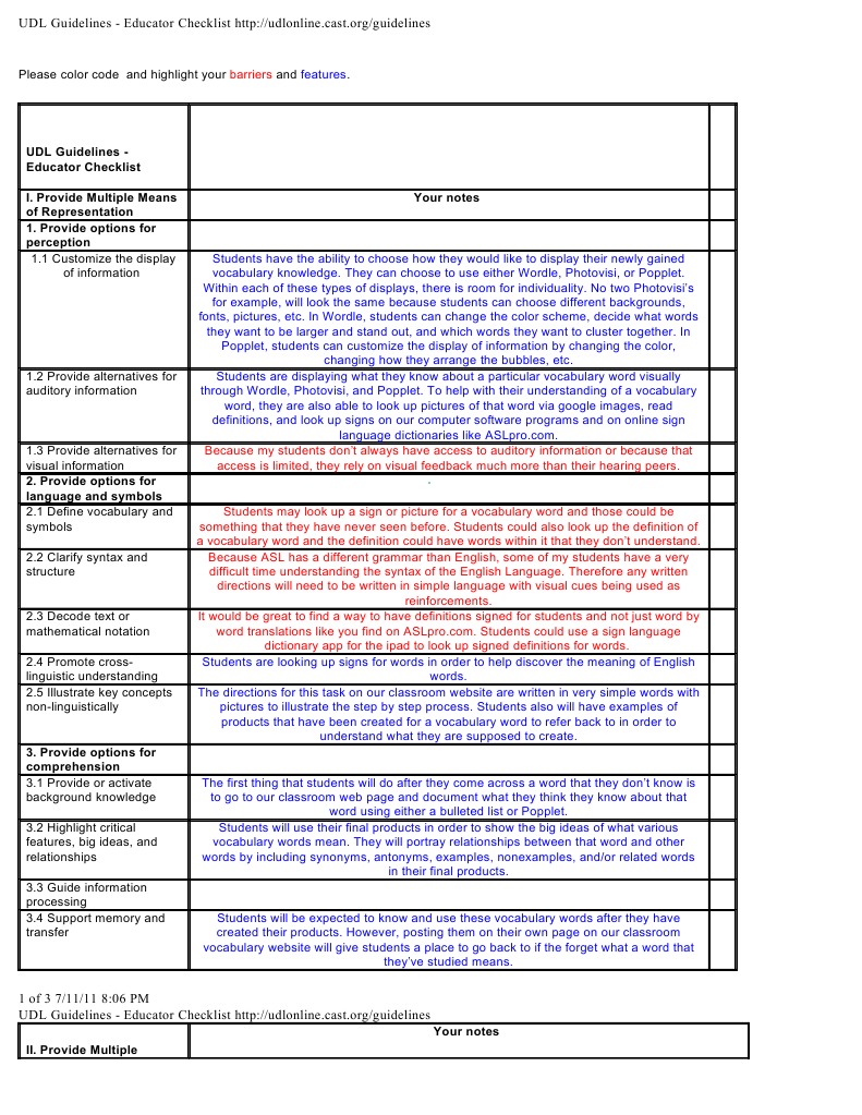 UDL Guidelines: Educator Checklist | PDF | Vocabulary | Sign Language