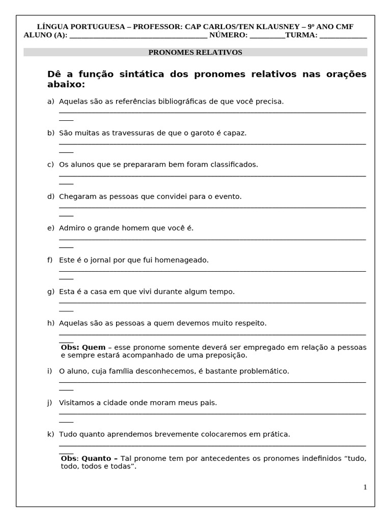 Pronomes Relativos - Função Sintática - 2025 - Aluno | PDF | Pronome ...