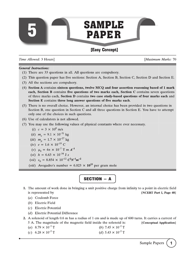 Cbse Cl12 Ead Physics 2026 Edition Easy Paper 5 | PDF
