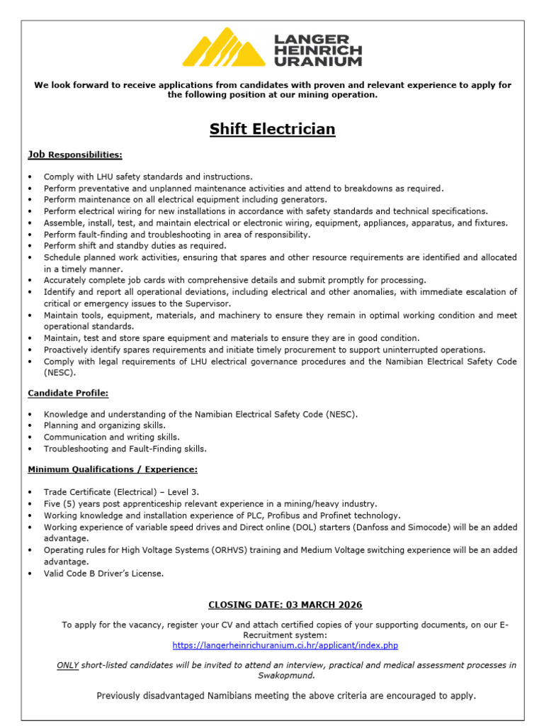 Internal External Job Advert - Shift Electrician | PDF | Electrician
