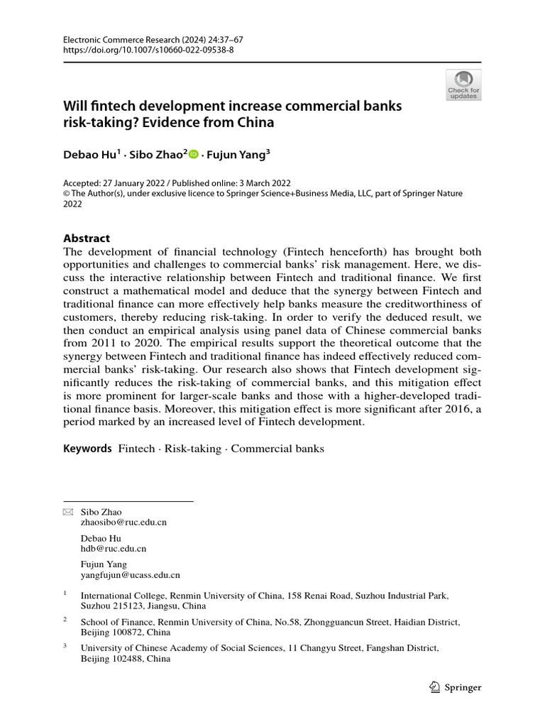 Fintech Development Impact On Commercial Banks Risk Taking | PDF