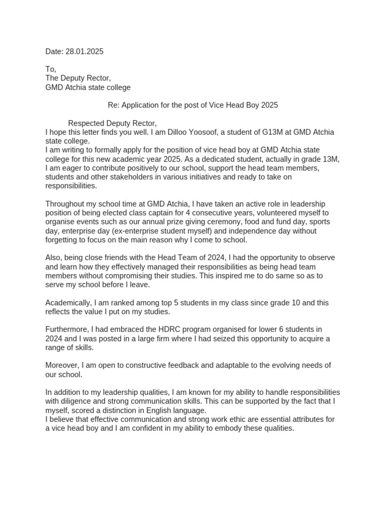Application To Be Vice Head Boy | PDF