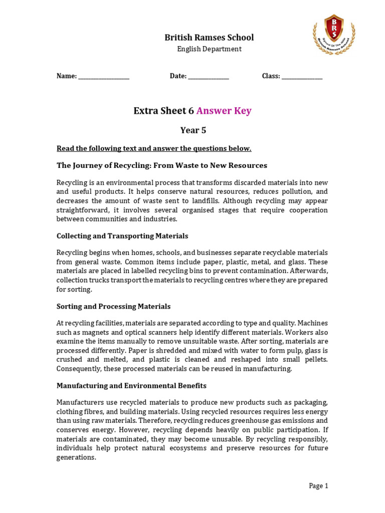 Extra Sheet 6 Year 5 AKs3CR4 | PDF | Recycling | Waste