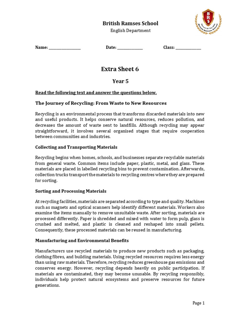 Extra Sheet 6 Year 55v13e | PDF | Recycling | Waste