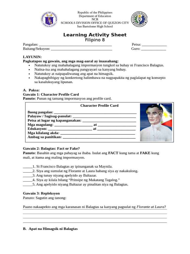 Learning Activity Sheet Filipino8 | PDF