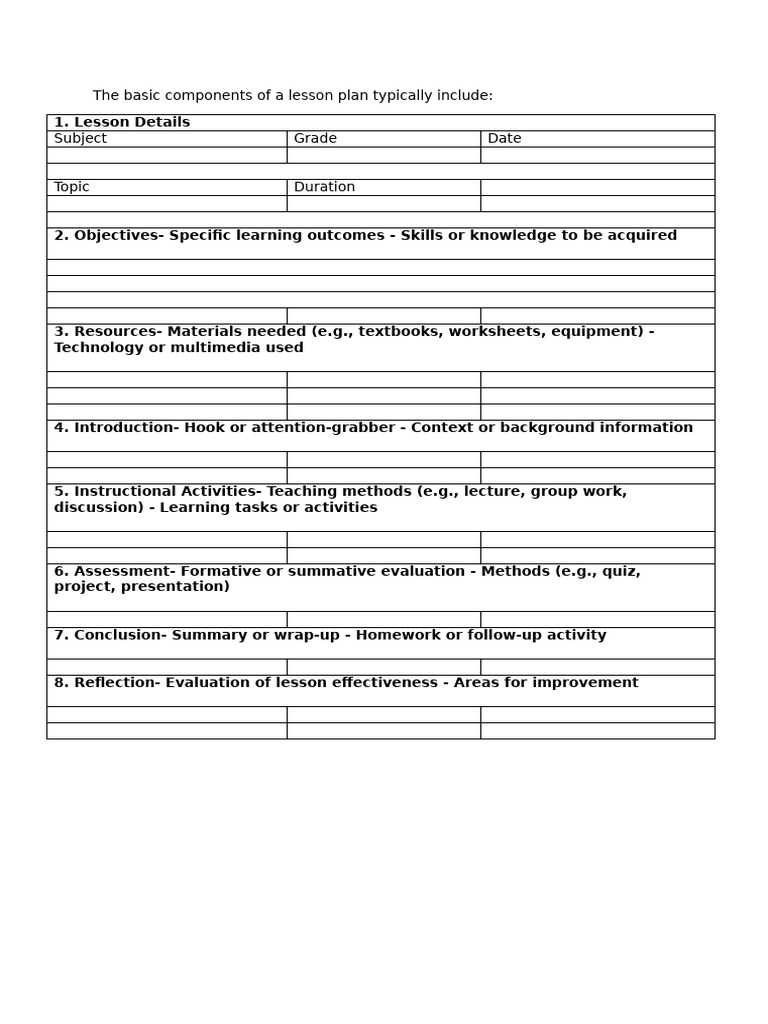 The Basic Components of A Lesson Plan - Jan 2026 | PDF
