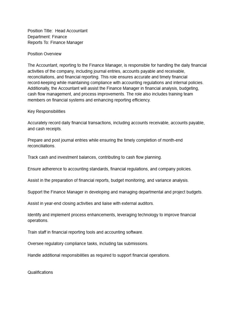 Head Accountant - Job Description | PDF | Accounting | Audit