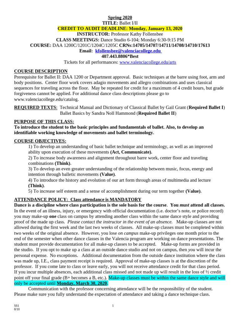 KFollensbee-Ballet Syllabus-Spring 2020 | PDF | Academic Dishonesty ...