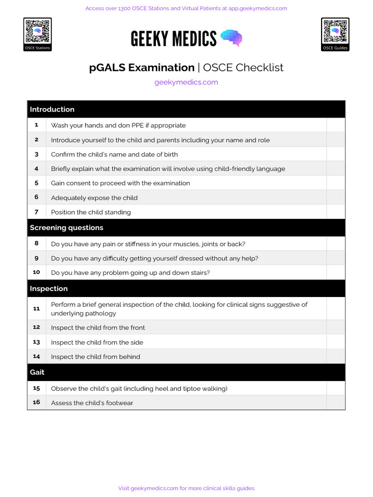 PGALS Examination OSCE Checklist Geeky Medics | PDF | Anatomical Terms ...