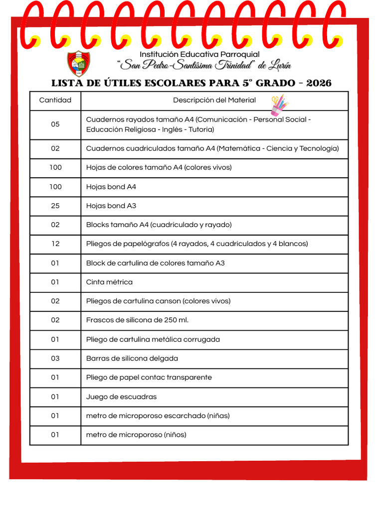 Quinto Grado - Lista de Útiles - Año 2026 | PDF
