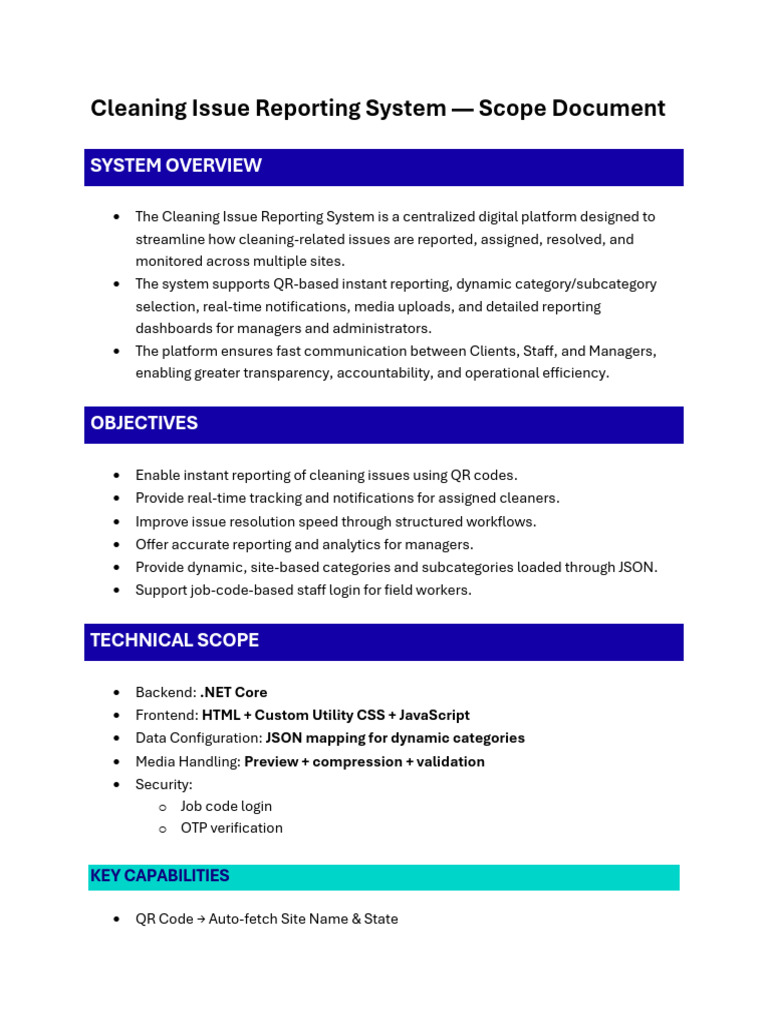 Cleaning Issue Reporting System - Scope Document | PDF | Qr Code | Metadata