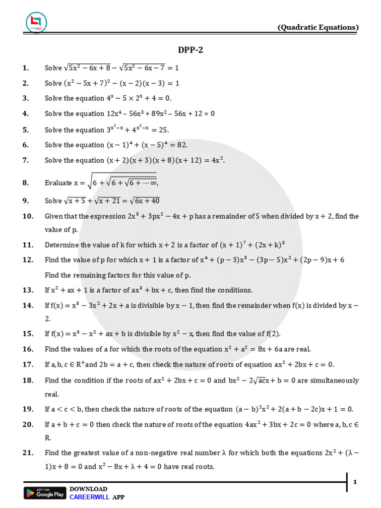 Quadratic Equations - DPP 2 | PDF | Square Root | Equations