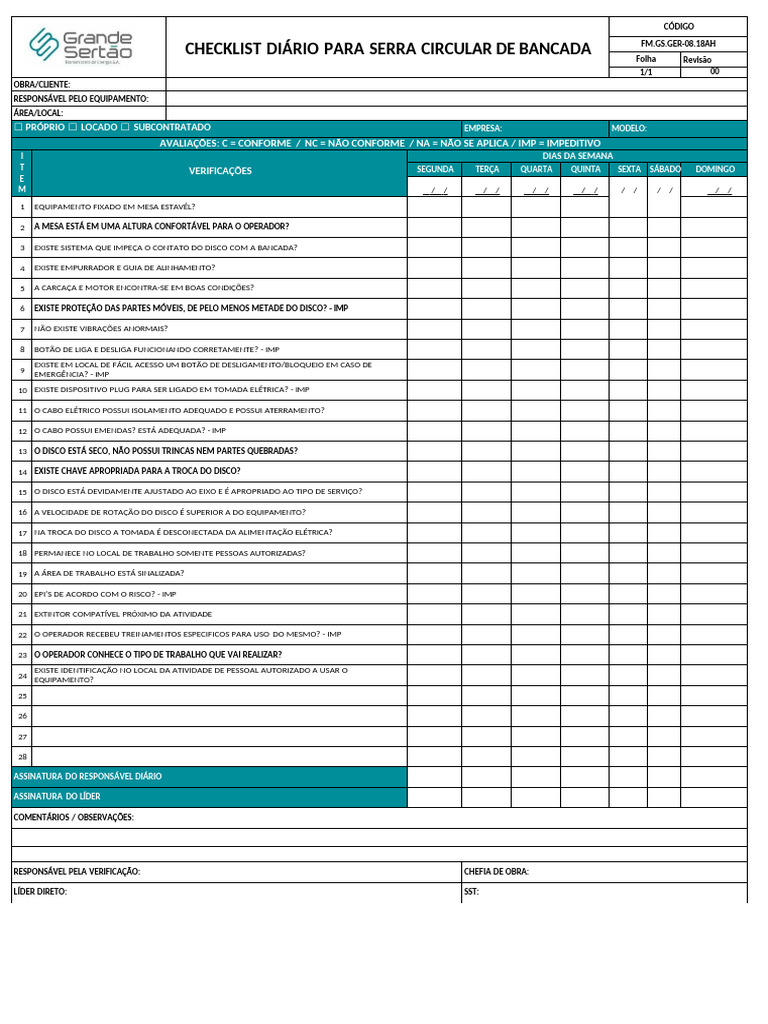 Fm.gs.Ger-08.18ah-Checklist Diario Para Serra Circular | PDF