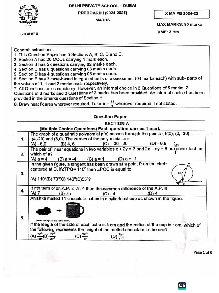 DPS Dubai Math Preboard 2025 | PDF