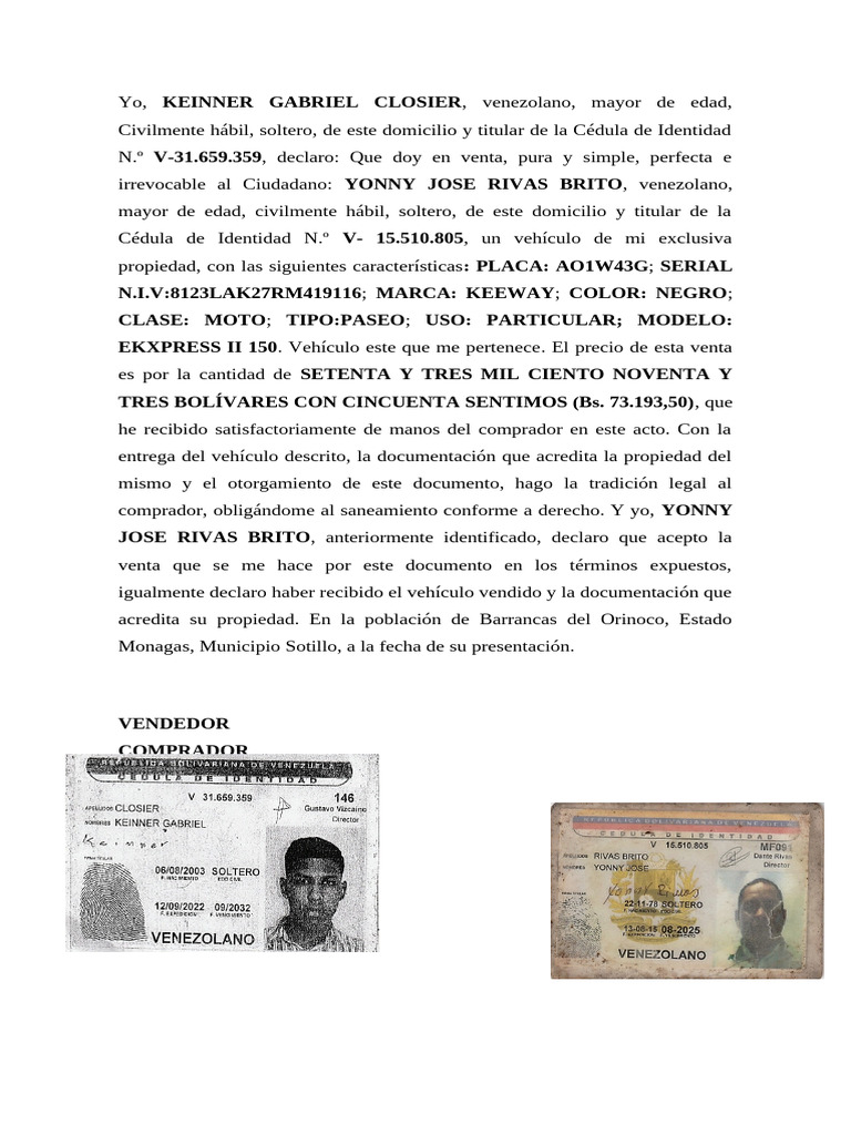 Compra y Venta Moto Yonny Jose Rivas Brito | PDF