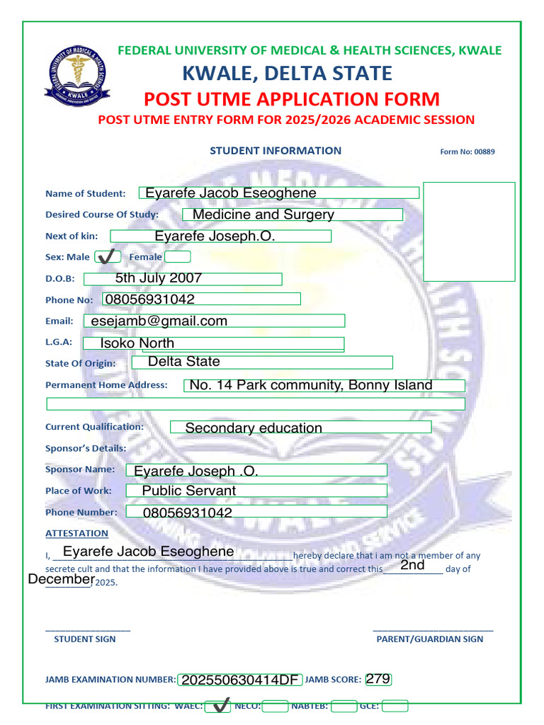 Federal University of Medical & Health Sciences, Kwale Post Utme Form ...