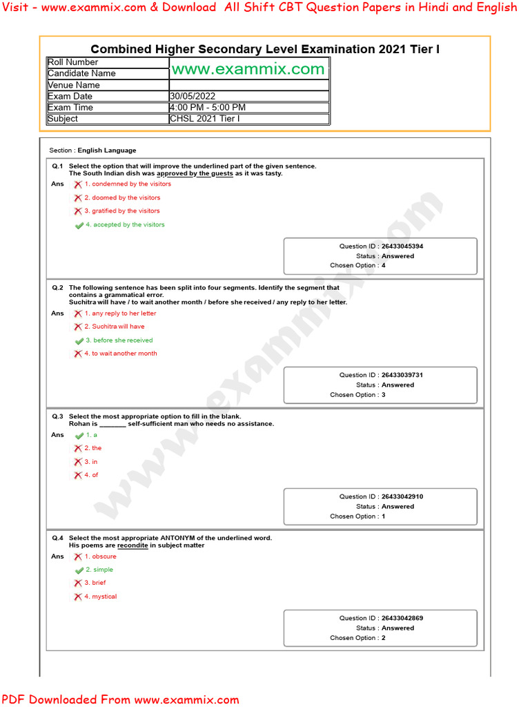 SSC CHSL Tier 1 Question Paper 30.5.2022 All Shift in Hindi | PDF ...
