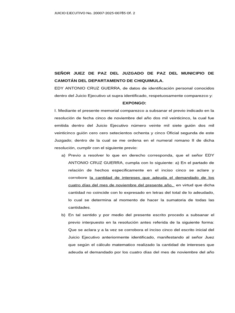 Memorial - 1 de Juicio Ejecutivo para Subsanar El Previo Edy Cruz 1 ...