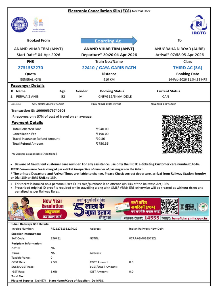Gaya Garib Rath Third Ac (3A) : Electronic Cancellation Slip (ECS) | PDF