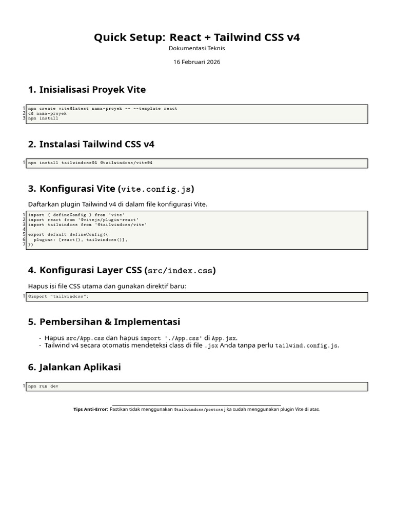 Panduan Setup React Tailwind v4 | PDF