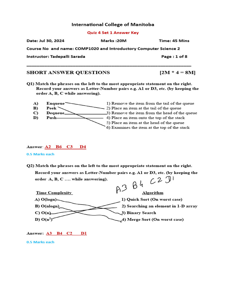 Quiz 4 V1 Answer Key | PDF