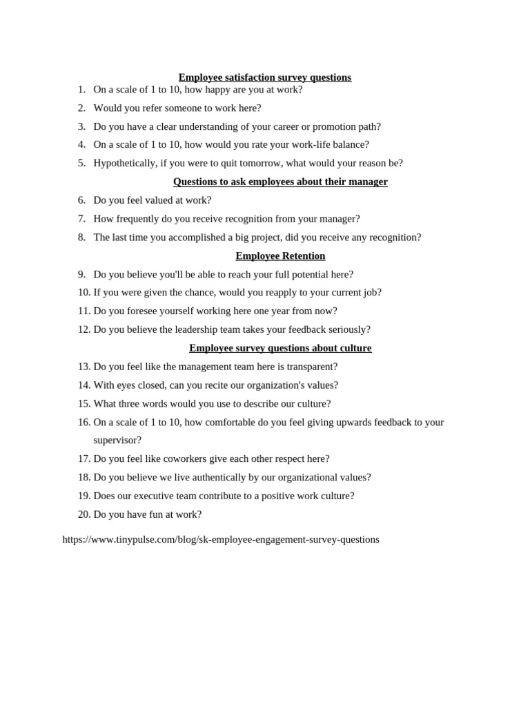 Employee Satisfaction Survey Questions | PDF