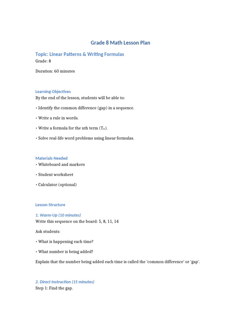 Grade 8 Linear Patterns Lesson Plan | PDF