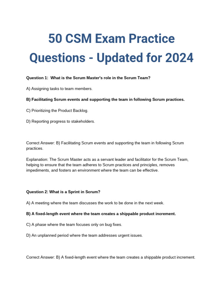 50 CSM Exam Practice Questions - Updated For 2024 | PDF