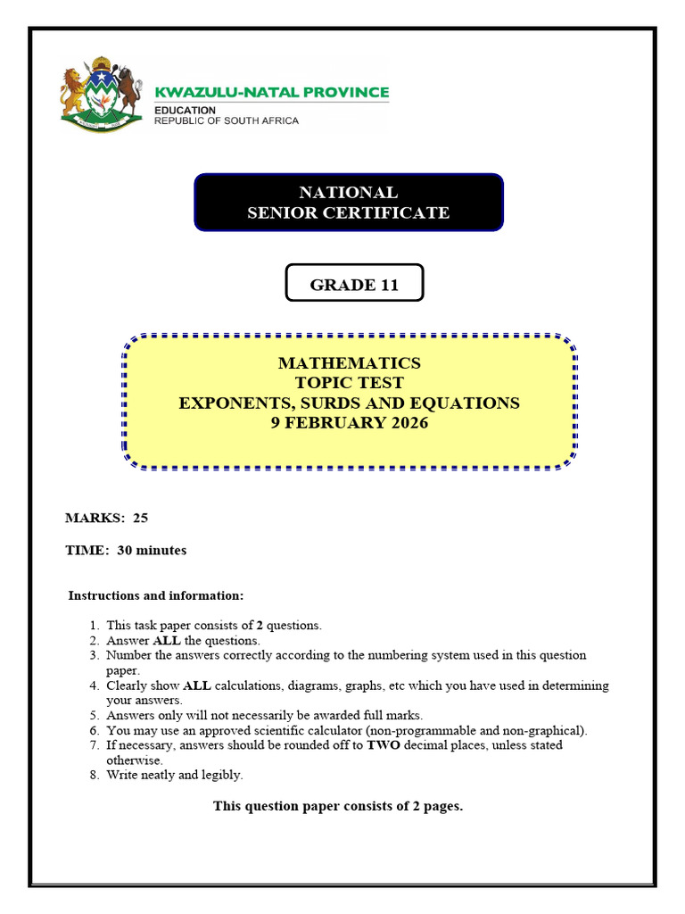 GR 11 Topic Test Feb 2026 - Exponents-Surds QP - 260217 - 204619 | PDF