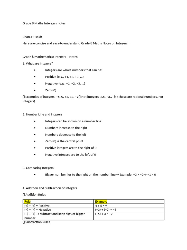 Grade 8 Maths Intergers Notes | PDF