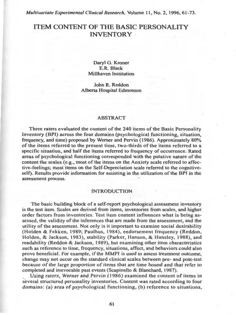 Item Content of The Basic Personality Inventory | PDF | Affect ...