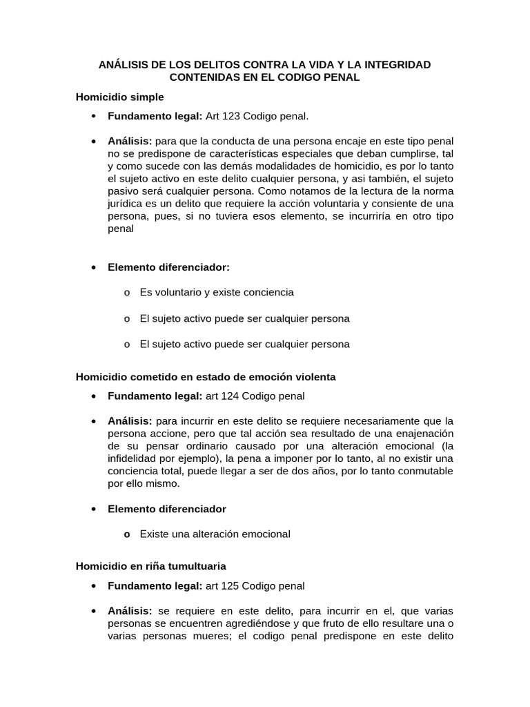 Análisis de Los Delitos Contra La Vida y La Integridad Contenidas en El ...