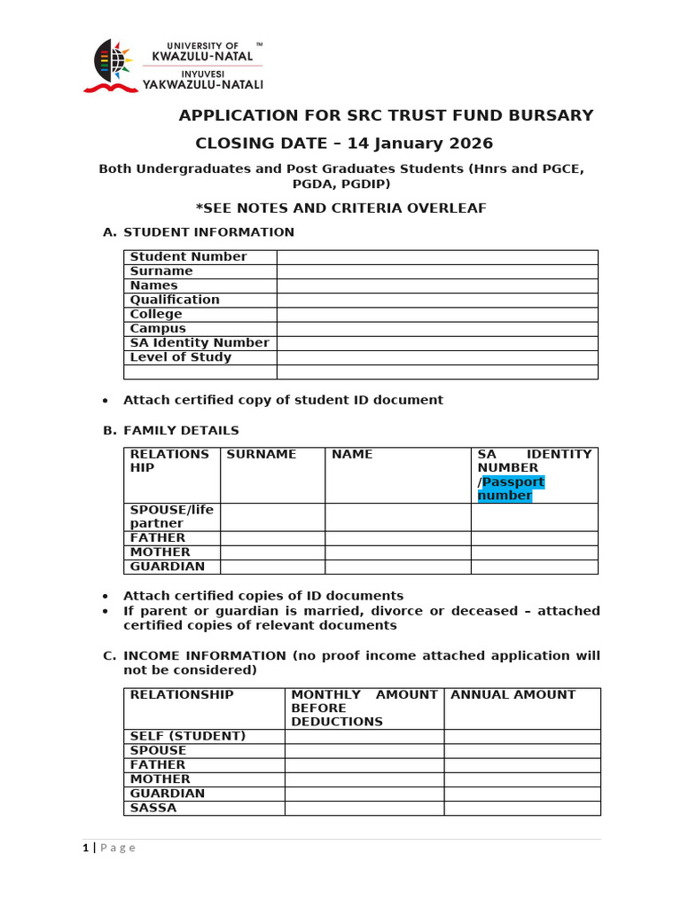 SRC Trust Fund - Application Form 2026 | PDF