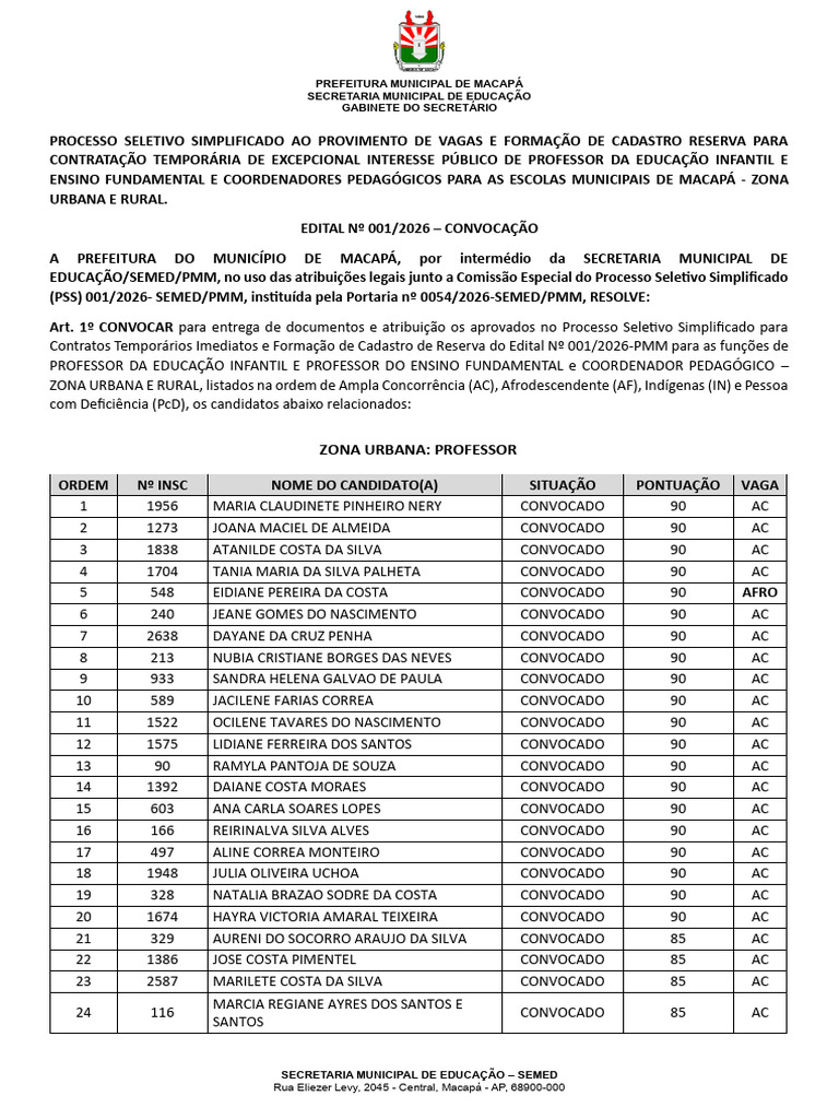 1a Convocacao Edital 001 2026 Semed PMM Assinado | PDF