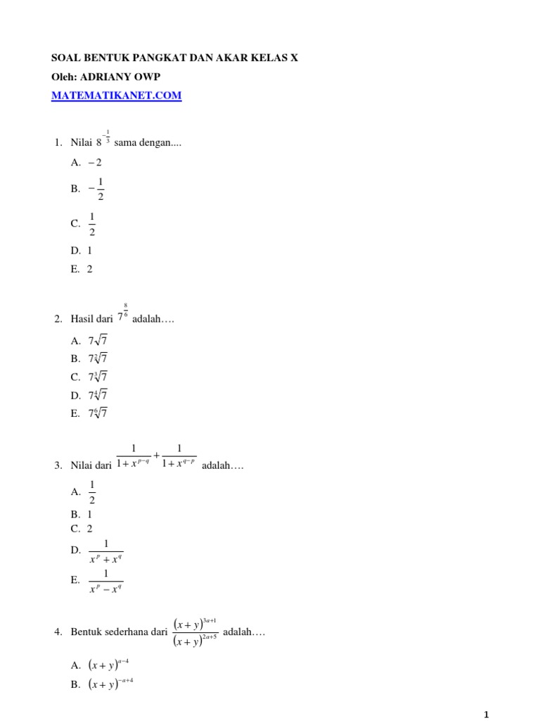 Soal Pangkat Dan Akar Dengan
