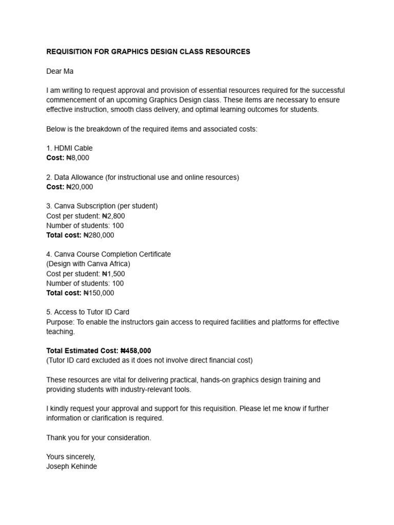 Requisition For Graphics Design Class Resources | PDF