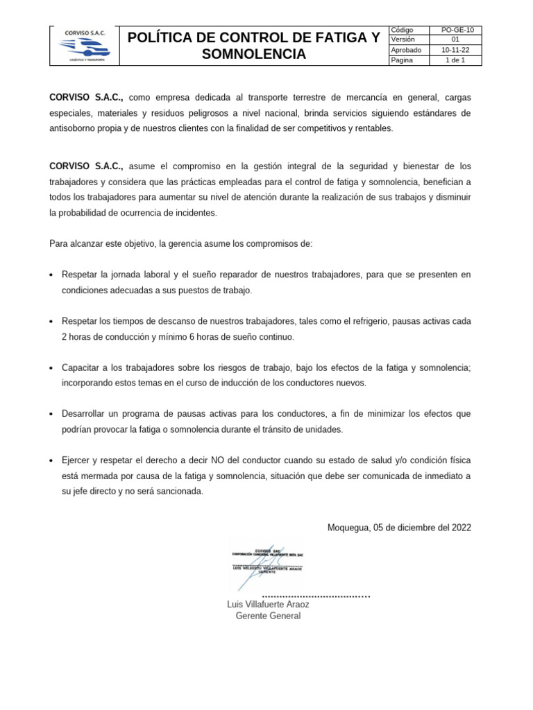 PO-GE-10 Política de Control de La Fatiga y Somnolencia | PDF