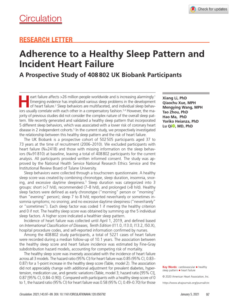 Li Et Al 2020 Adherence To A Healthy Sleep Pattern and Incident Heart ...