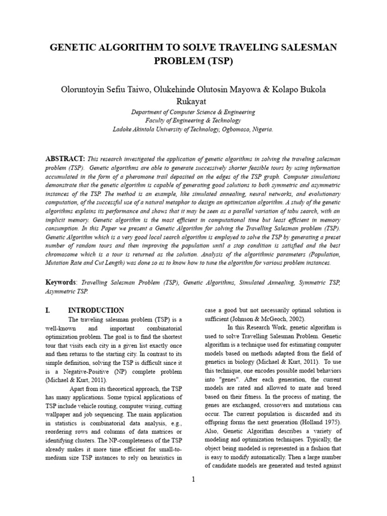 Genetic Algorithm To Solve Traveling Salesman Problem | PDF | Genetic ...